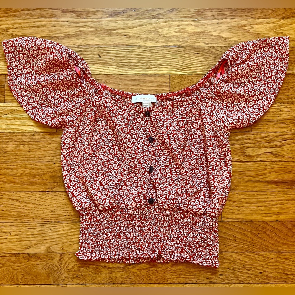 Super Cute Orange Flutter Sleeve Smocked Blouse